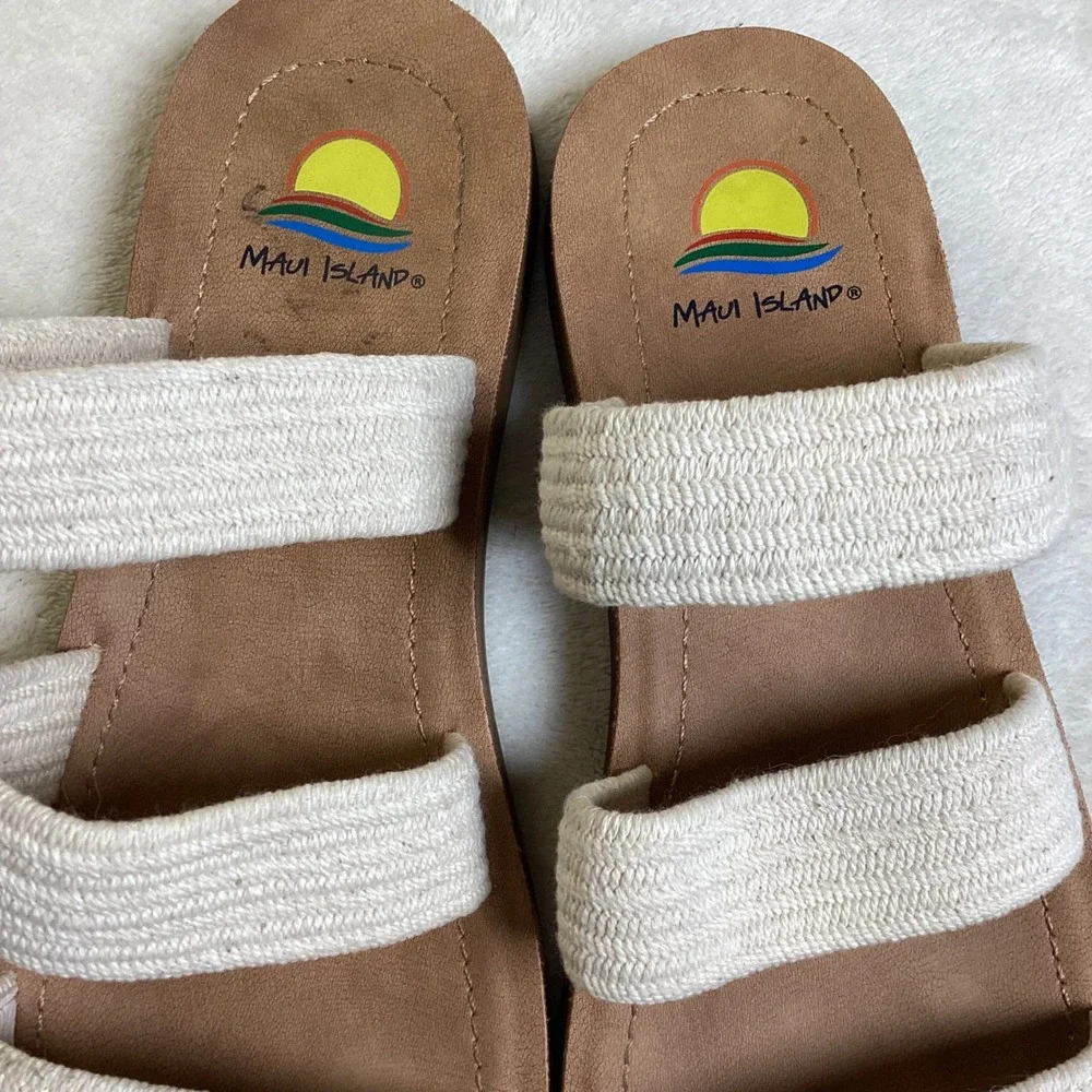 Maui‎ Island Womens Triple Strap Woven Slide Sandals Cream Brown Size 9M